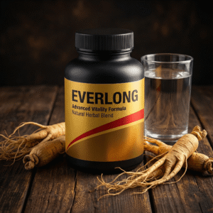 Everlong Advanced Vitality Formula bottle with natural ginseng roots and water glass, featuring a premium gold and red label design for men's herbal power and endurance.