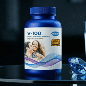 V-100 Blue Diamond supplement bottle, a premium herbal alternative for maximum men's power.